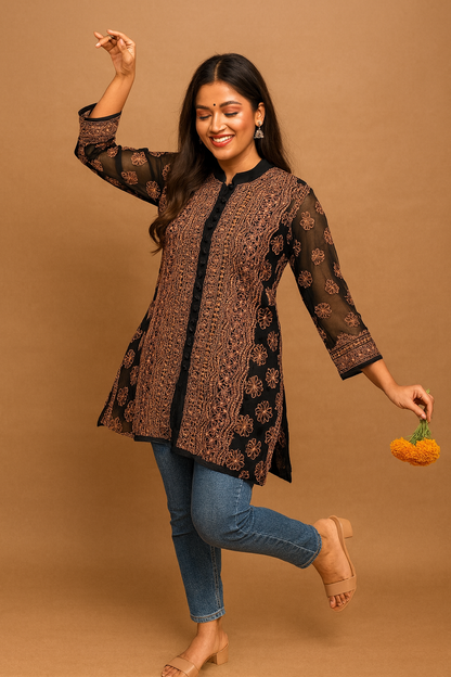 Lucknowi Chikankari Black Georgette Short Kurti-T50007