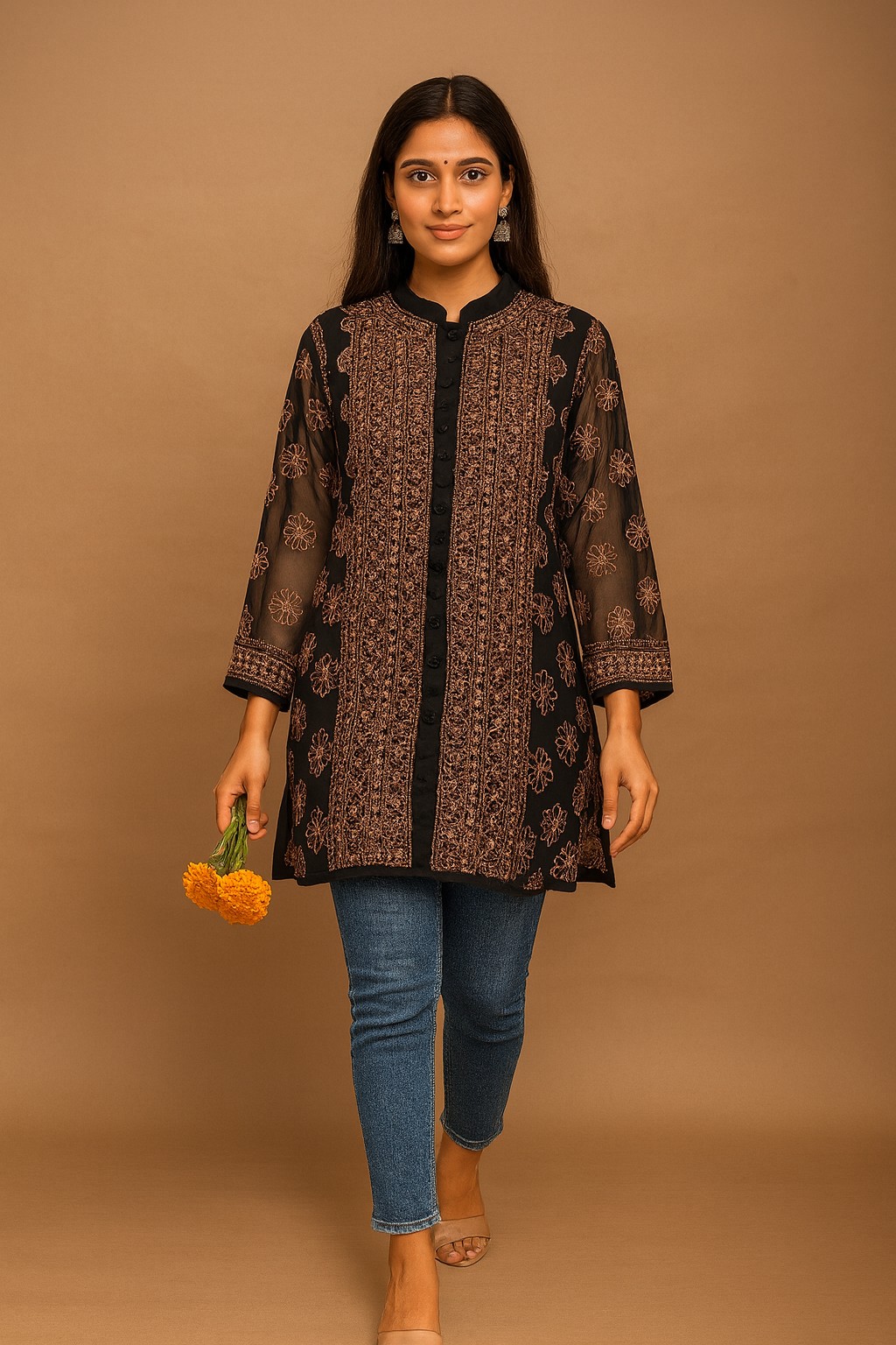 Lucknowi Chikankari Black Georgette Short Kurti-T50007