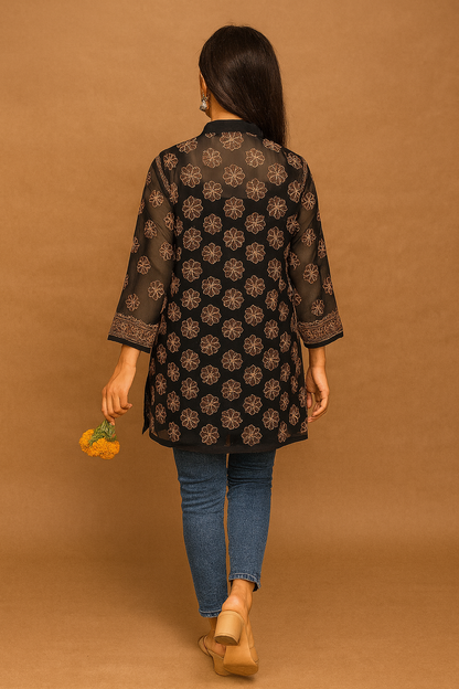 Lucknowi Chikankari Black Georgette Short Kurti-T50007