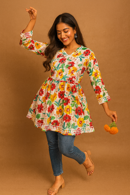 Lucknowi Chikankari White Printed Georgette Angrakha Styled Short Kurti-T50008