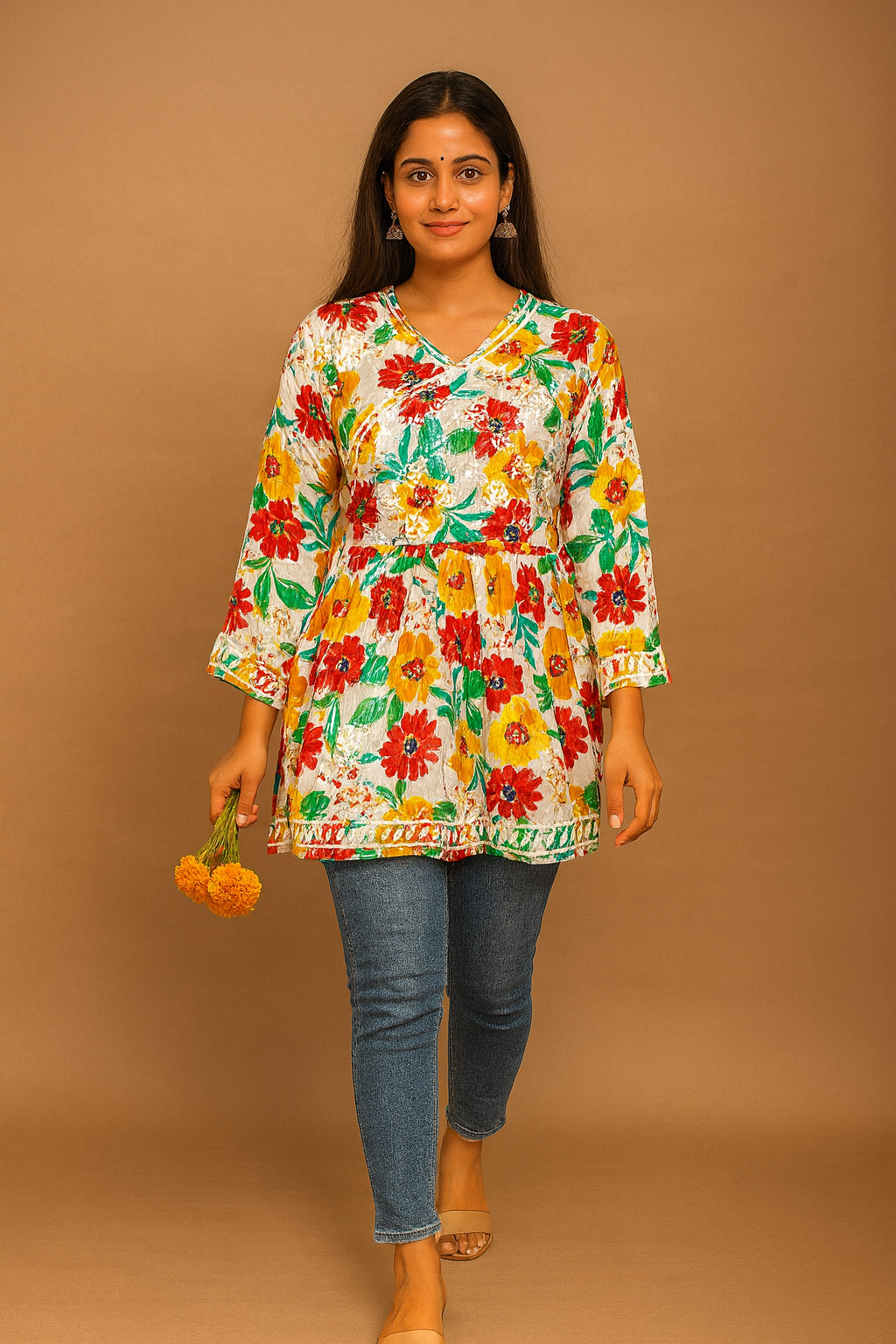 Lucknowi Chikankari White Printed Georgette Angrakha Styled Short Kurti-T50008