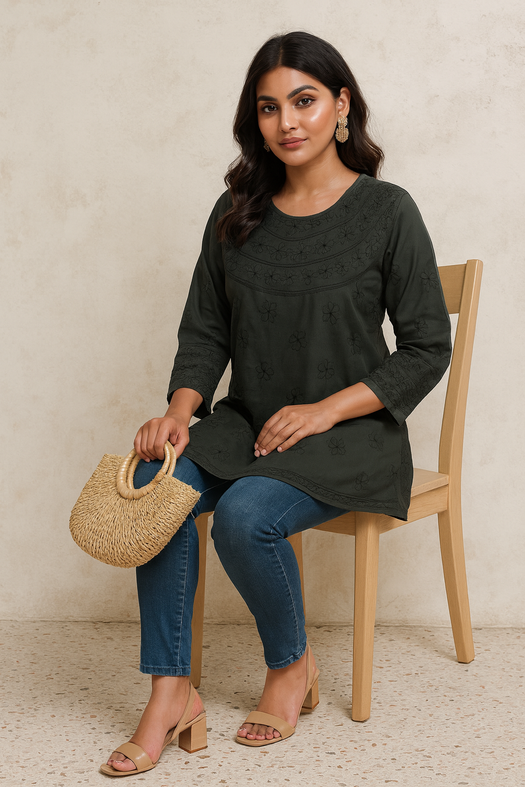 Lucknowi Chikankari Black Cotton Short Kurti-T50001