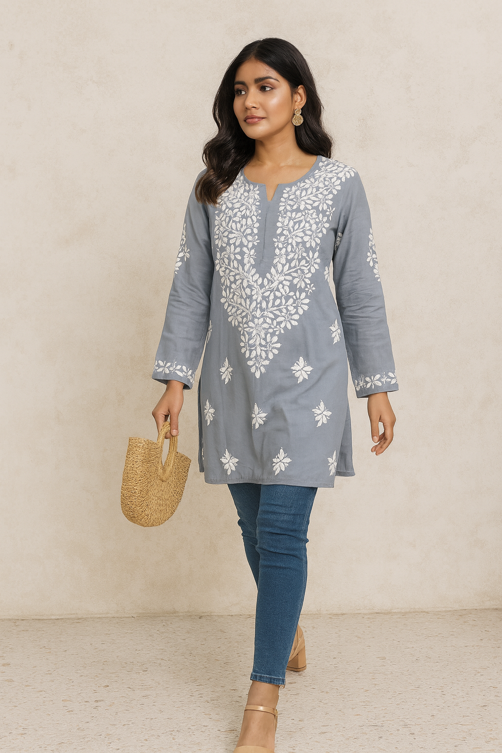 Lucknowi Chikankari Grey 'Dhoondhla' Modal Short Kurti-T50002