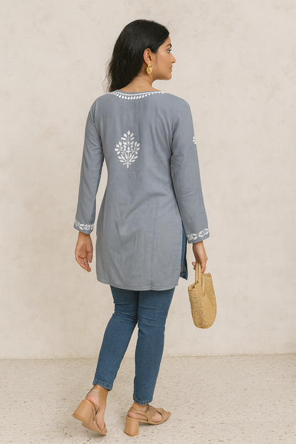 Lucknowi Chikankari Grey 'Dhoondhla' Modal Short Kurti-T50002