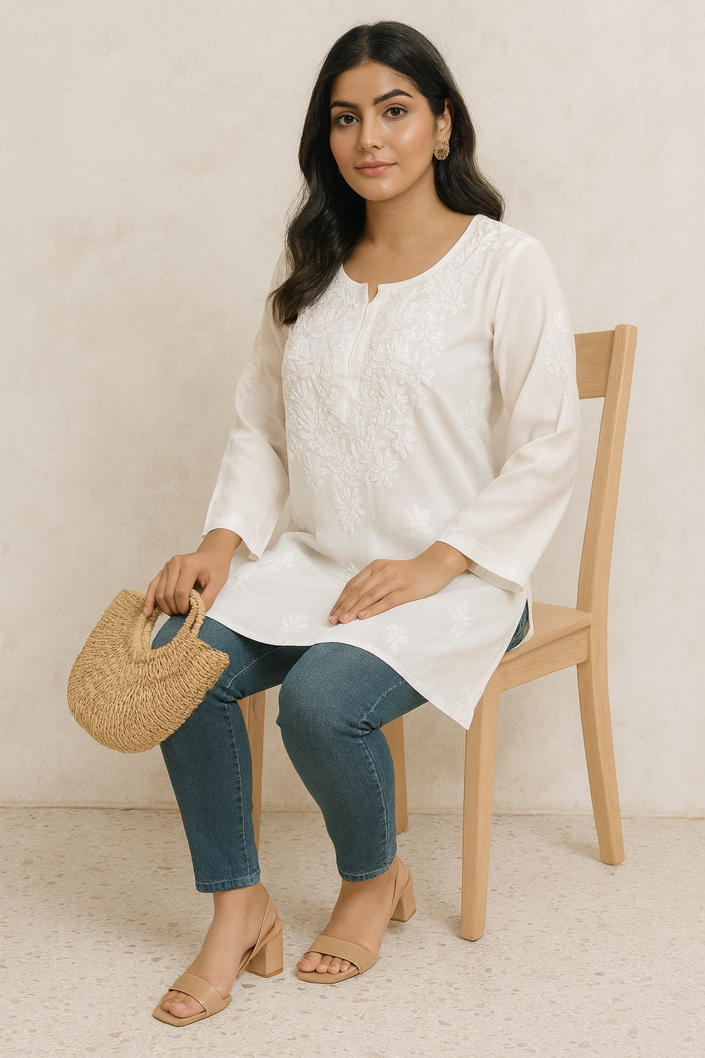 Lucknowi Chikankari White 'Ujaala' Modal Short Kurti-T50004