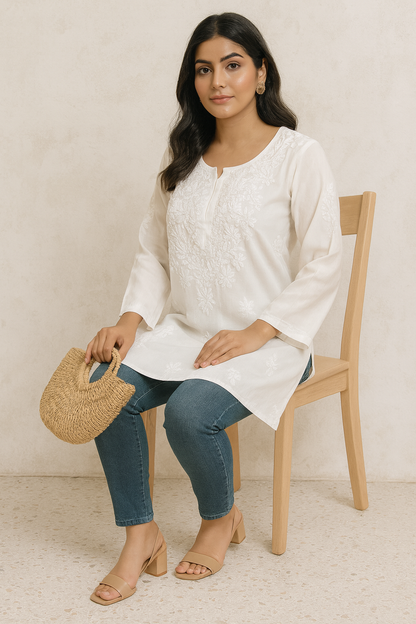 Lucknowi Chikankari White 'Ujaala' Modal Short Kurti-T50004