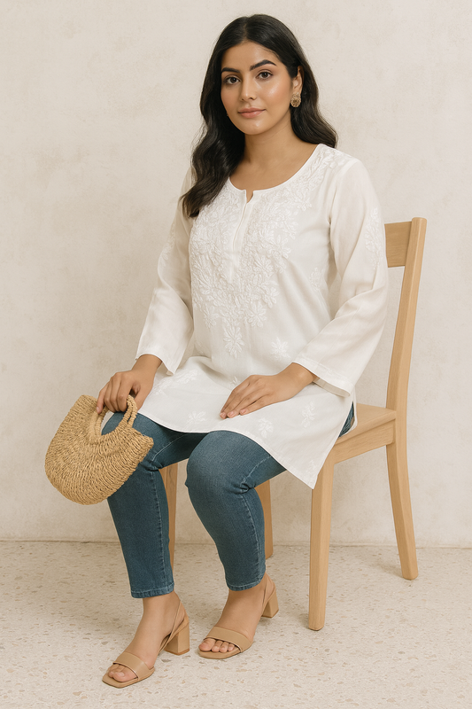 Lucknowi Chikankari White 'Ujaala' Modal Short Kurti-T50004