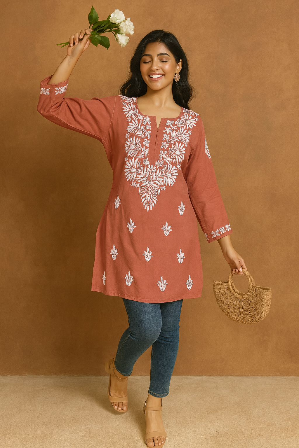 Lucknowi Chikankari Dusty Rose Pink 'Shagufta' Modal Short Kurti-T50005