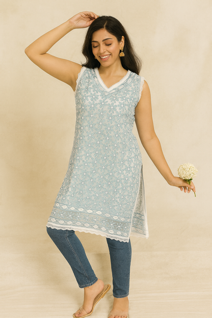 Lucknowi Chikankari White Georgette Short Kurti-T50014
