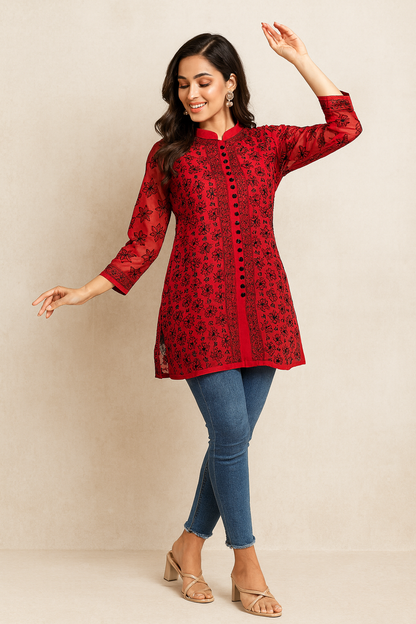 Lucknowi Chikankari Red Georgette Short Kurti-T50015