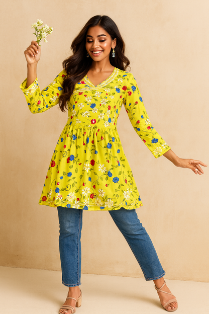 Lucknowi Chikankari Yellow 'Sunehri' Printed Georgette Angrakha Styled Short Kurti-T50009