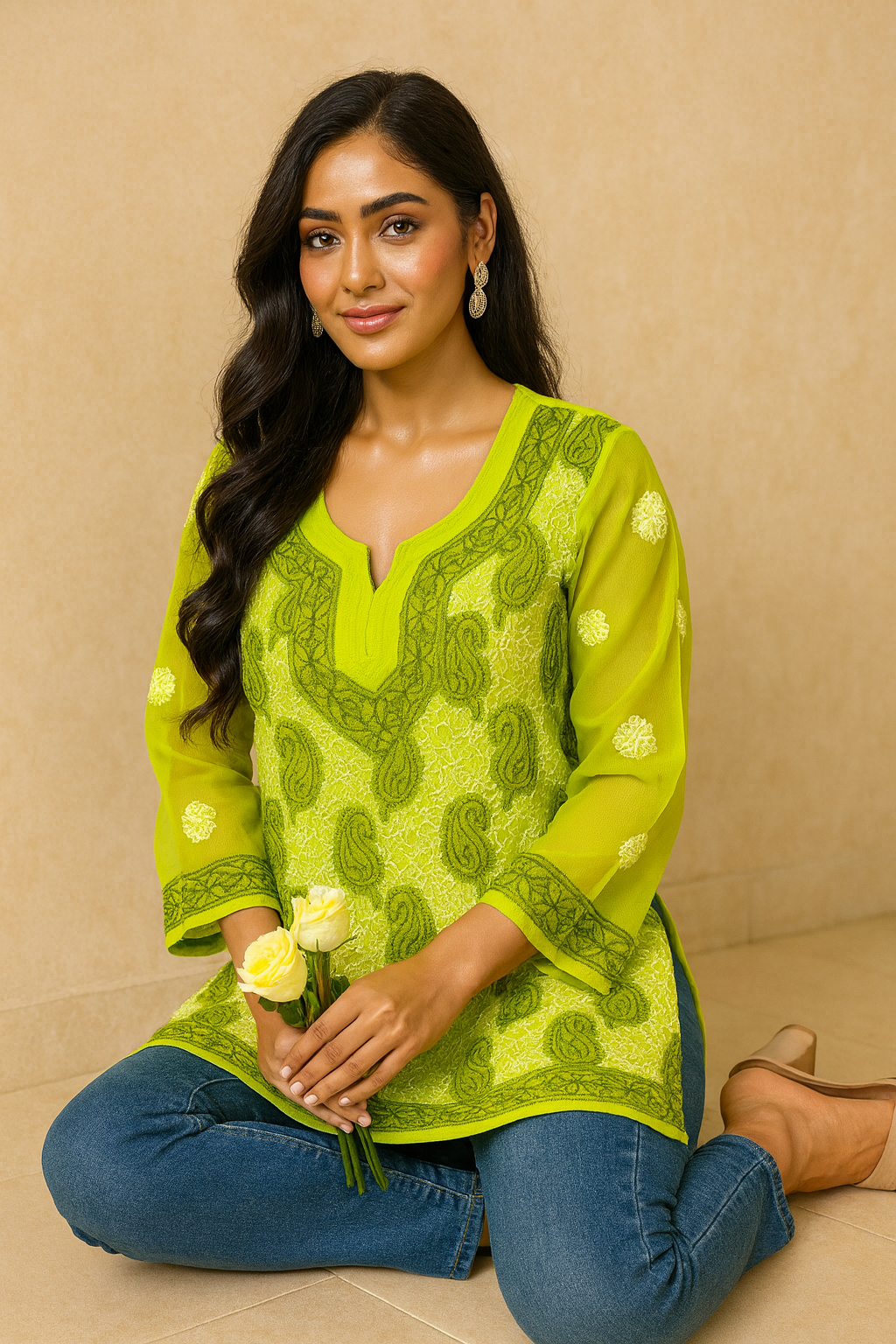 Lucknowi Chikankari Green 'Bahar' Georgette Short Kurti-T50010