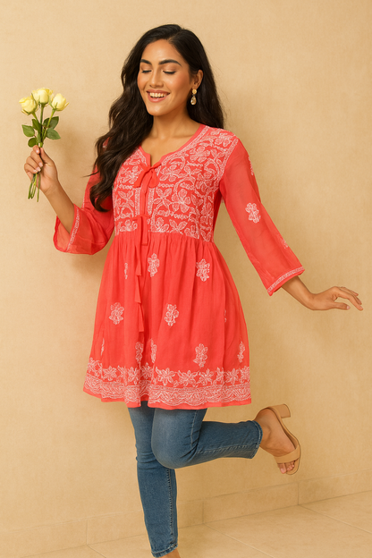 Lucknowi Chikankari Coral Pink Georgette Short Kurti-T50011