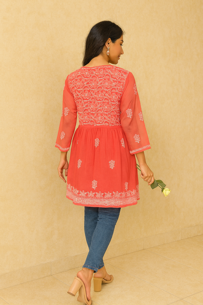 Lucknowi Chikankari Coral Pink Georgette Short Kurti-T50011