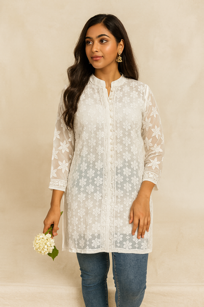Lucknowi Chikankari White Georgette Short Kurti-T50013