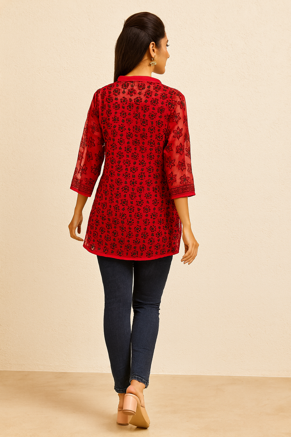 Lucknowi Chikankari Red Georgette Short Kurti-T50015