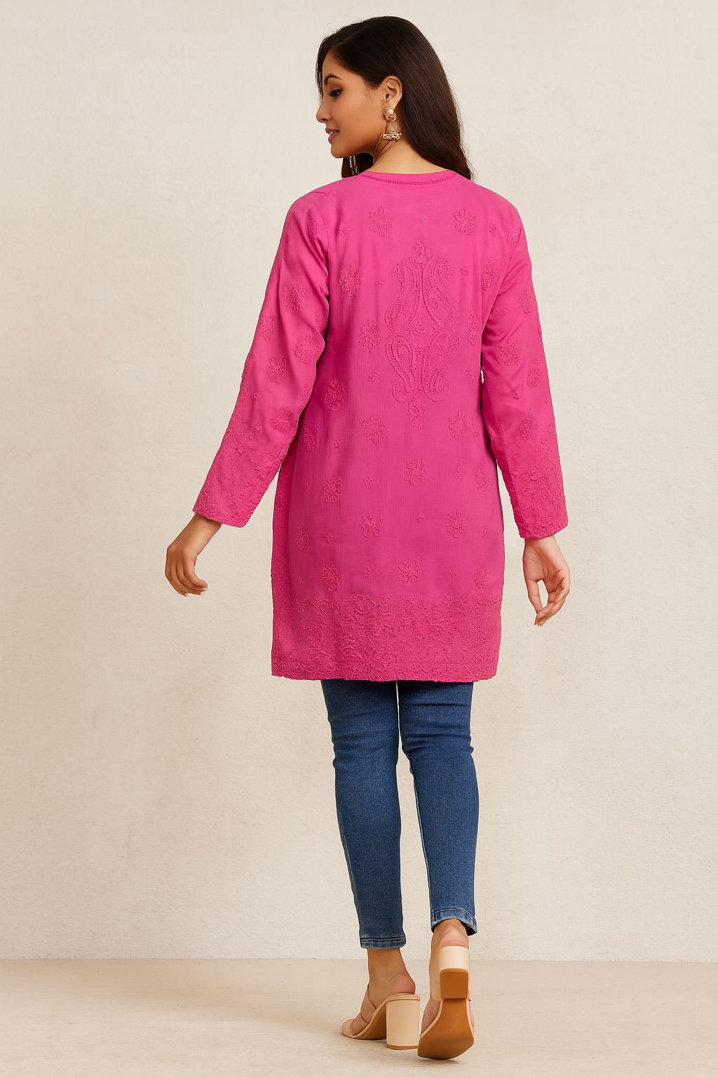 Lucknowi Chikankari Pink Viscose Short Kurti-T50016