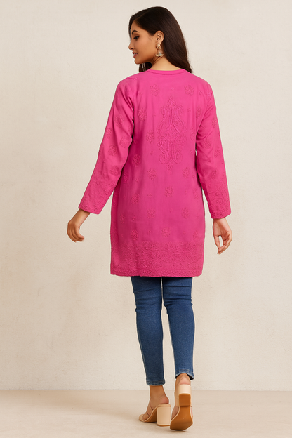 Lucknowi Chikankari Pink Viscose Short Kurti-T50016