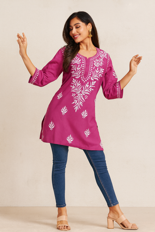 Lucknowi Chikankari Magenta 'Shagufta' Rayon Short Kurti-T50017