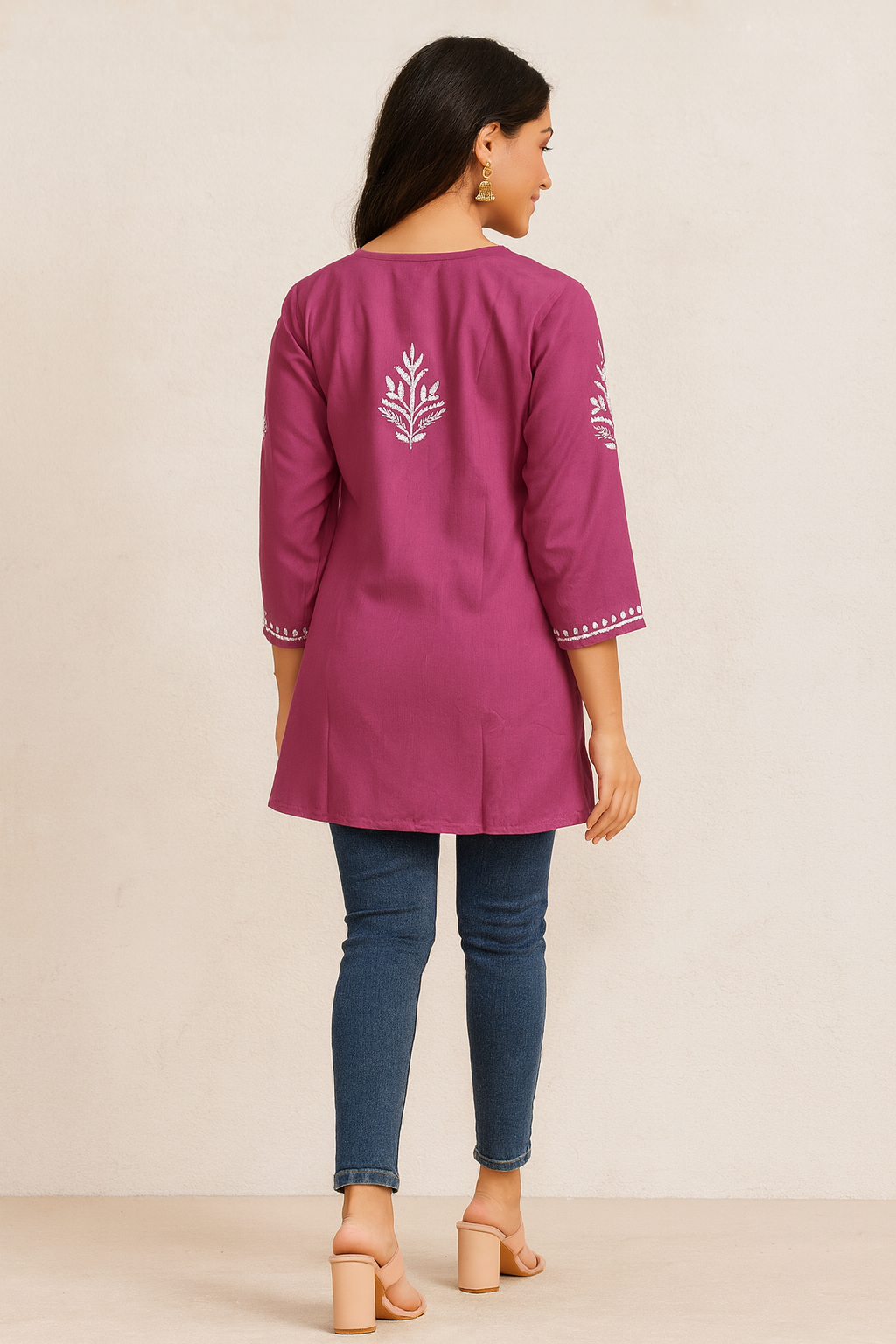 Lucknowi Chikankari Magenta 'Shagufta' Rayon Short Kurti-T50017