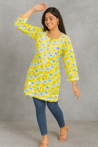 Lucknowi Chikankari Yellow 'Sunehri' Printed Cotton Short Kurti-T50019