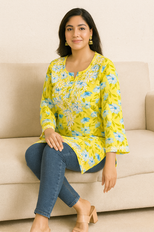 Lucknowi Chikankari Yellow 'Sunehri' Printed Cotton Short Kurti-T50019