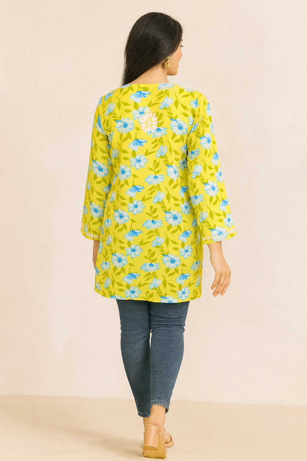 Lucknowi Chikankari Yellow 'Sunehri' Printed Cotton Short Kurti-T50019