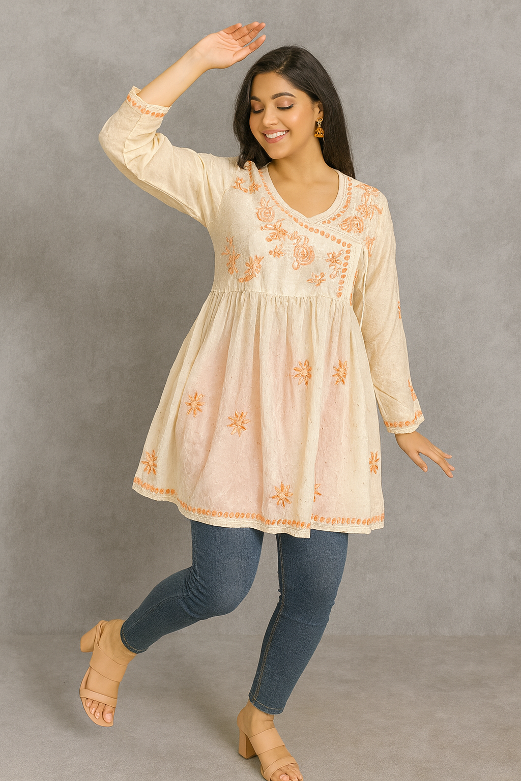 Lucknowi Chikankari Fawn Chanderi Angrakha Styled Short Kurti-T50020