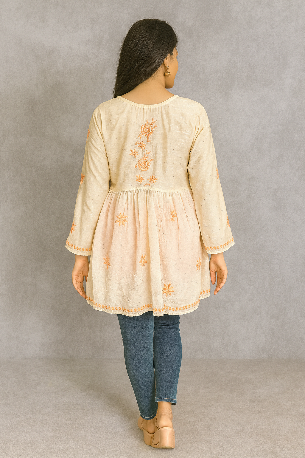 Lucknowi Chikankari Fawn Chanderi Angrakha Styled Short Kurti-T50020