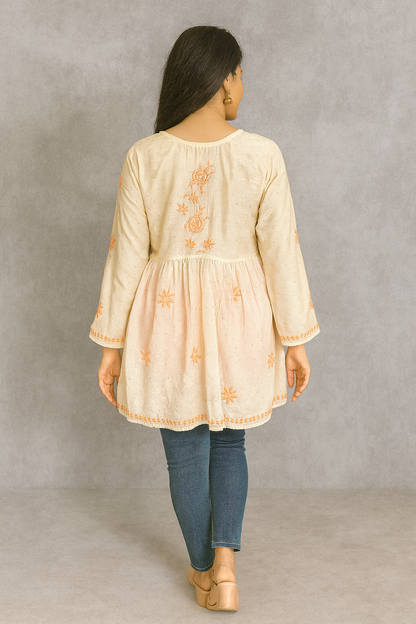 Lucknowi Chikankari Fawn Chanderi Angrakha Styled Short Kurti-T50020