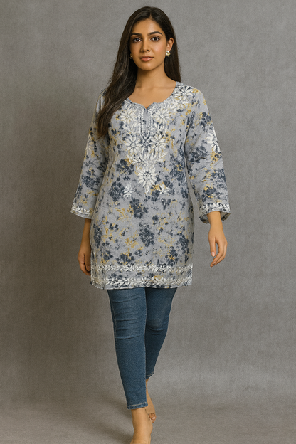Lucknowi Chikankari Grey 'Dhoondhla' Printed Cotton Short Kurti-T50031