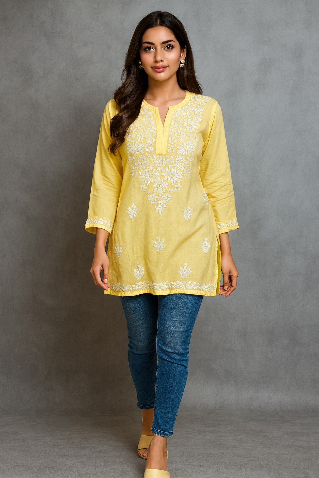 Lucknowi Chikankari Yellow 'Sunehri' Rayon Short Kurti-T50029