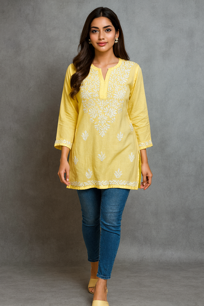 Lucknowi Chikankari Yellow 'Sunehri' Rayon Short Kurti-T50029
