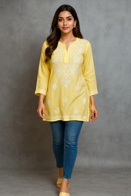 Lucknowi Chikankari Yellow 'Sunehri' Rayon Short Kurti-T50029