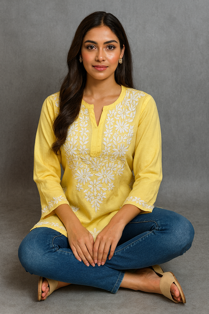 Lucknowi Chikankari Yellow 'Sunehri' Rayon Short Kurti-T50029