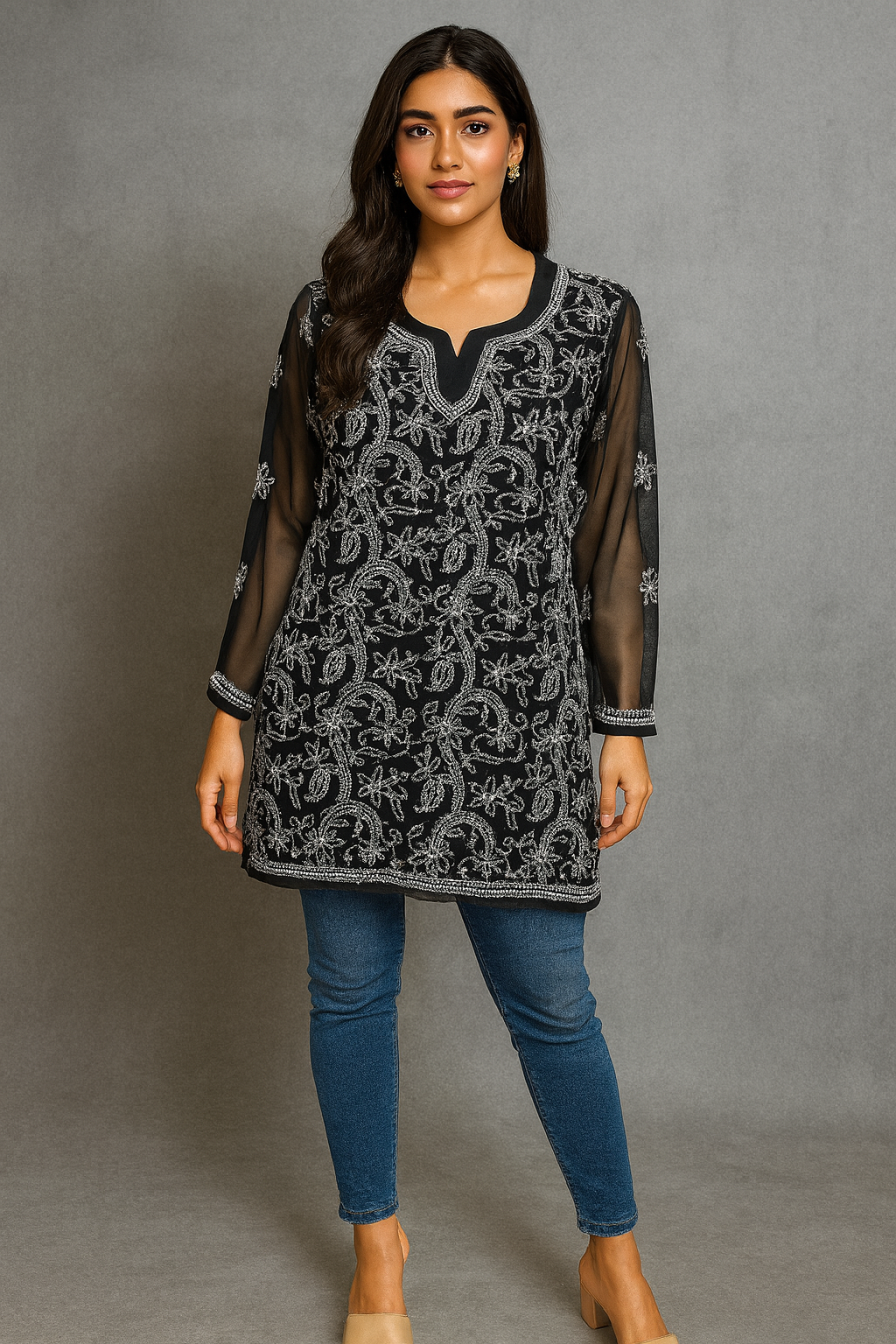 Lucknowi Chikankari Black 'Siah' Georgette Short Kurti-T50030