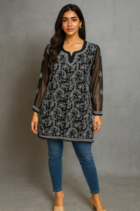 Lucknowi Chikankari Black 'Siah' Georgette Short Kurti-T50030