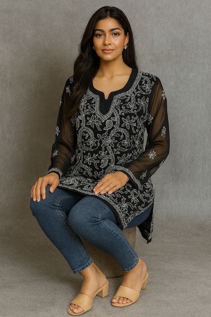 Lucknowi Chikankari Black 'Siah' Georgette Short Kurti-T50030