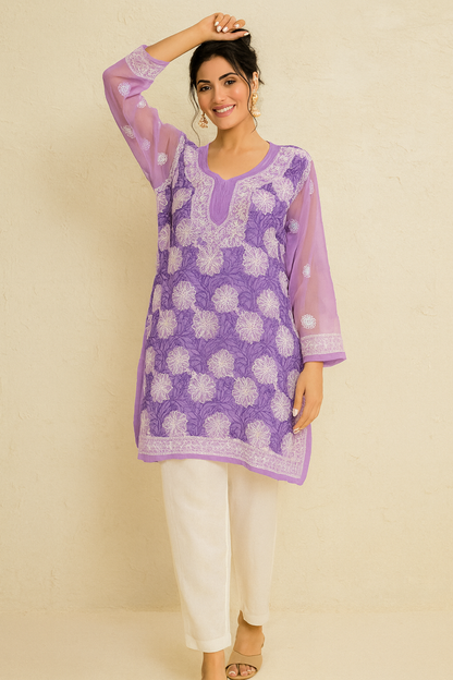 Lucknowi Chikankari Purple 'Jamuni' Georgette Short Kurti-T60001