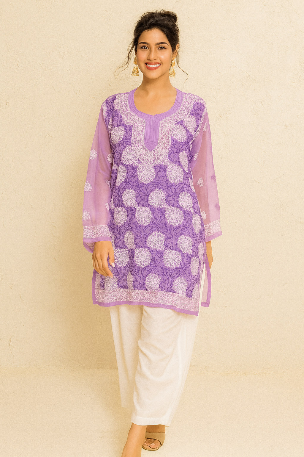 Lucknowi Chikankari Purple 'Jamuni' Georgette Short Kurti-T60001