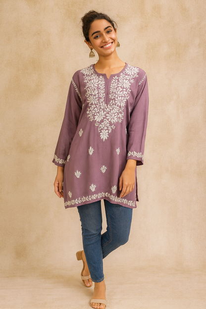 Lucknowi Chikankari Mauve 'Jamuni' Rayon Short Kurti-T60004