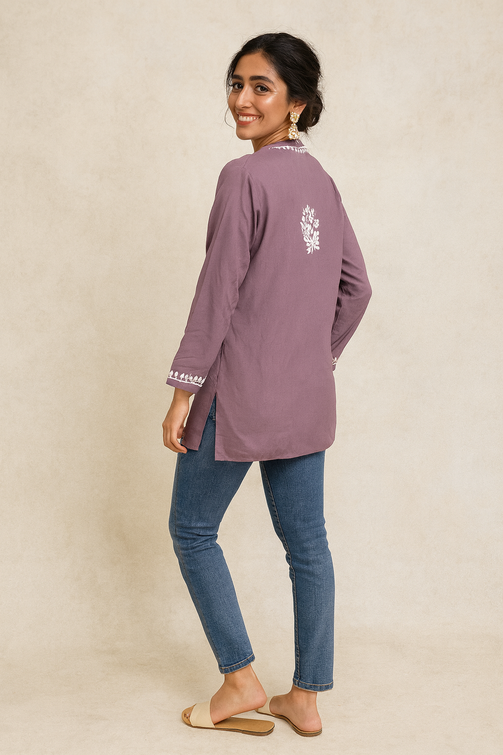 Lucknowi Chikankari Mauve 'Jamuni' Rayon Short Kurti-T60004