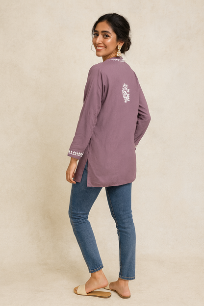 Lucknowi Chikankari Mauve 'Jamuni' Rayon Short Kurti-T60004