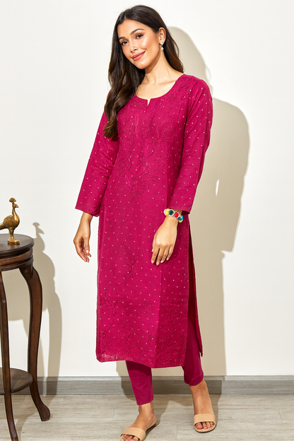 Lucknowi Chikankari Magenta 'Shagufta' Chanderi Kurti-K000036
