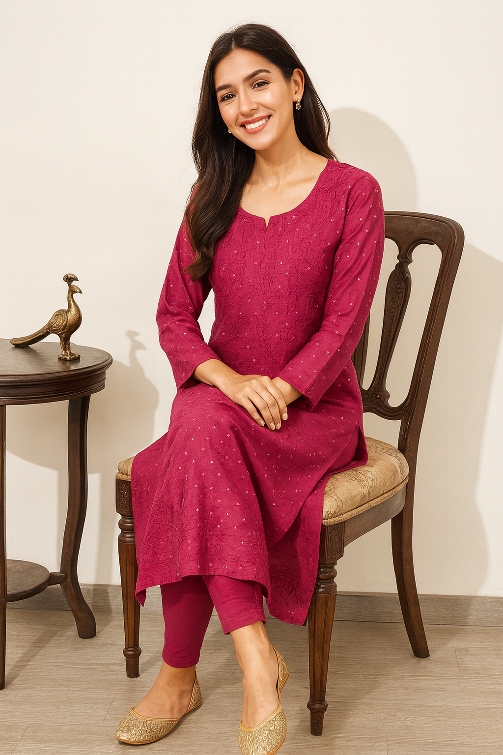 Lucknowi Chikankari Magenta 'Shagufta' Chanderi Kurti-K000036