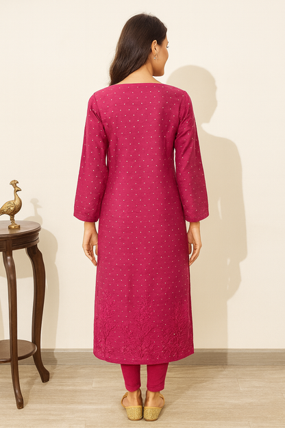 Lucknowi Chikankari Magenta 'Shagufta' Chanderi Kurti-K000036