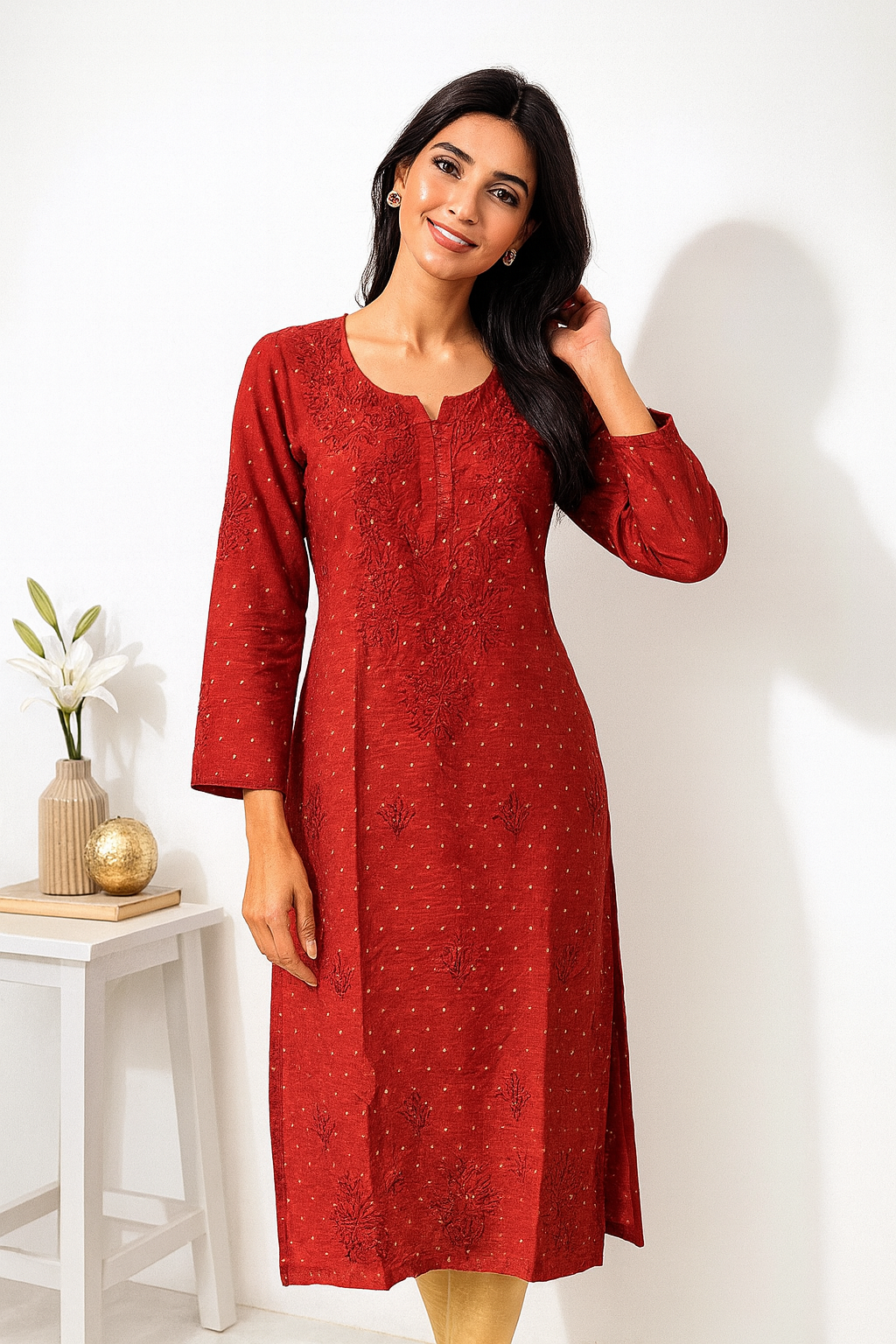 Lucknowi Chikankari Maroon 'Surkh' Chanderi Kurti-K000037