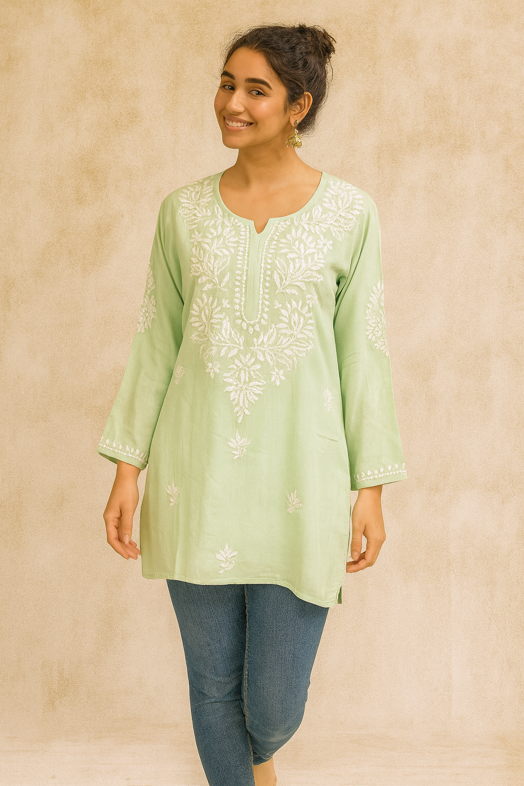 Lucknowi Chikankari Green 'Bahar' Rayon Short Kurti-T70001