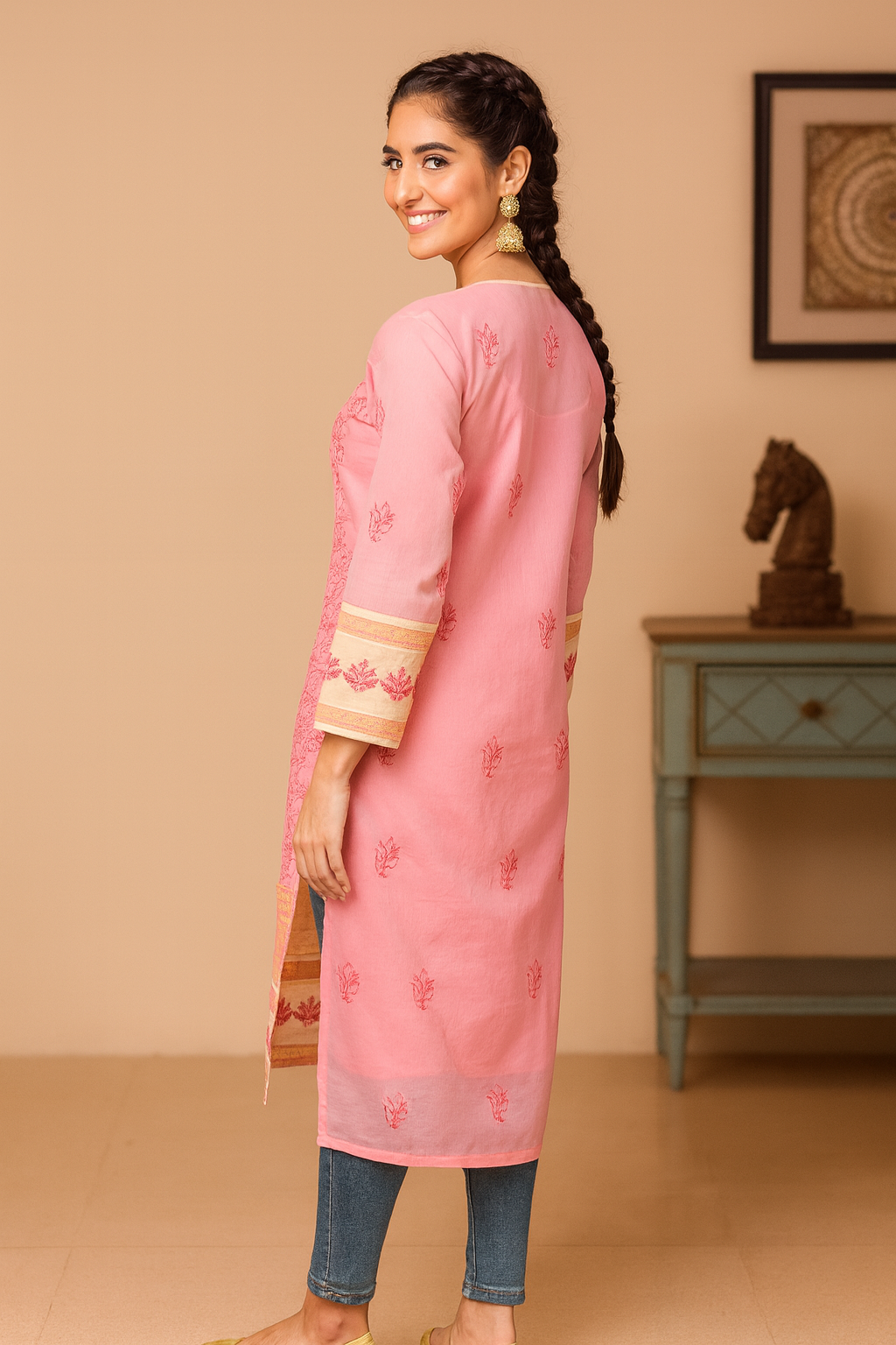 Lucknowi Chikankari Pink 'Shagufta' Cotton Kurti-K000001
