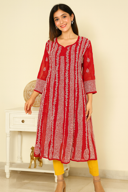 Lucknowi Chikankari Red 'Surkh' Georgette Anarkali-K000027